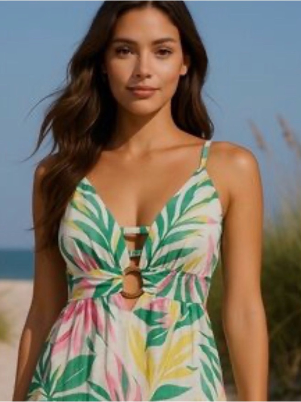 AMIANI Tropical V-Neck Sleeveless Mini Midi Slip Dress Size M Resort Wear NWT